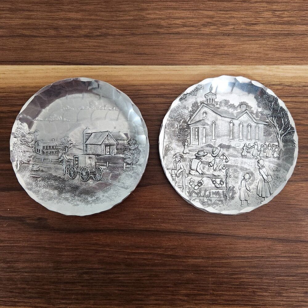 Wendell August Forge Amish Community Set of 2 Hammered Aluminum Coaster Trinket